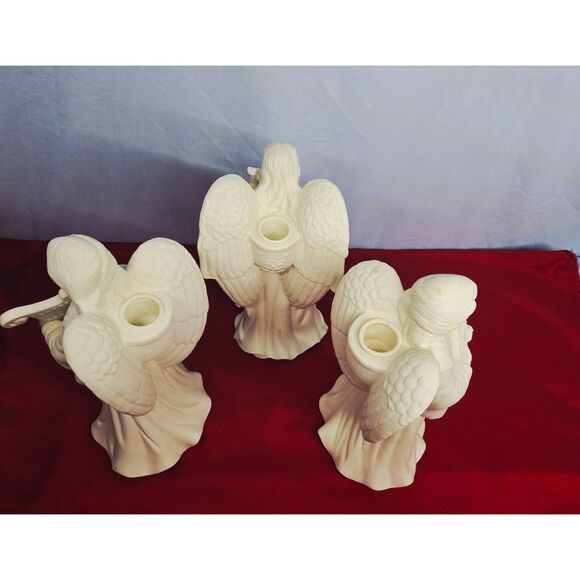Angels Candle Holders Set of 3 PARTYLITE White w/Harp & Lute 1980s Mantel Decor - Picture 3 of 15